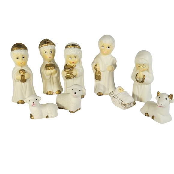 9 Pc Vintage White & Gold Porcelain Nativity Set Figurines Christmas Decoration - Picture 1 of 15